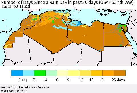 North Africa Number of Days Since a Rain Day in past 30 days (USAF 557th WW) Thematic Map For 10/11/2021 - 10/15/2021