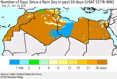North Africa Number of Days Since a Rain Day in past 30 days (USAF 557th WW) Thematic Map For 10/16/2021 - 10/20/2021