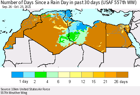 North Africa Number of Days Since a Rain Day in past 30 days (USAF 557th WW) Thematic Map For 10/21/2021 - 10/25/2021