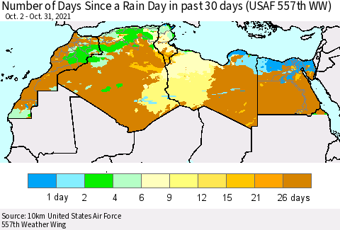 North Africa Number of Days Since a Rain Day in past 30 days (USAF 557th WW) Thematic Map For 10/26/2021 - 10/31/2021