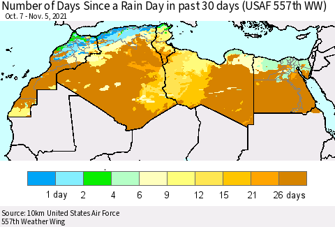 North Africa Number of Days Since a Rain Day in past 30 days (USAF 557th WW) Thematic Map For 11/1/2021 - 11/5/2021