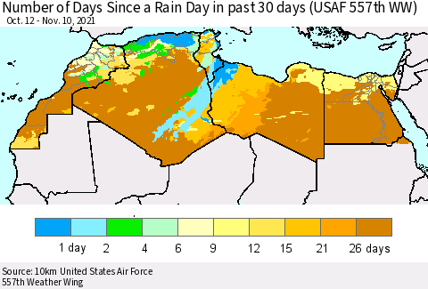 North Africa Number of Days Since a Rain Day in past 30 days (USAF 557th WW) Thematic Map For 11/6/2021 - 11/10/2021