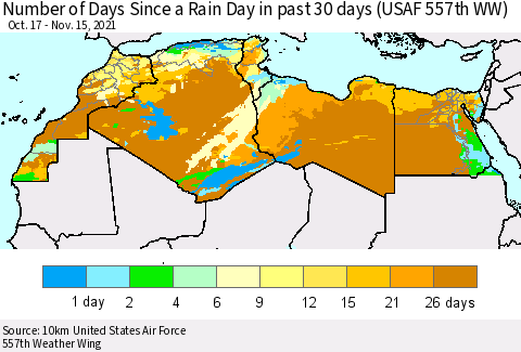 North Africa Number of Days Since a Rain Day in past 30 days (USAF 557th WW) Thematic Map For 11/11/2021 - 11/15/2021