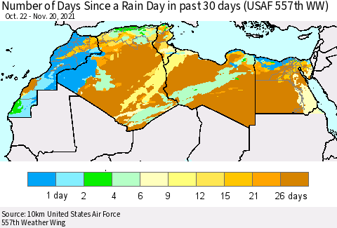 North Africa Number of Days Since a Rain Day in past 30 days (USAF 557th WW) Thematic Map For 11/16/2021 - 11/20/2021