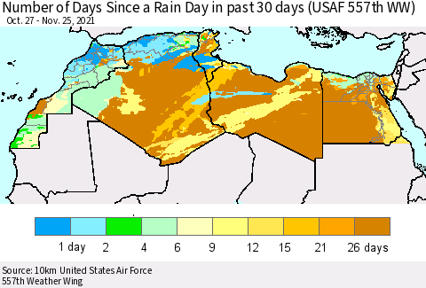 North Africa Number of Days Since a Rain Day in past 30 days (USAF 557th WW) Thematic Map For 11/21/2021 - 11/25/2021