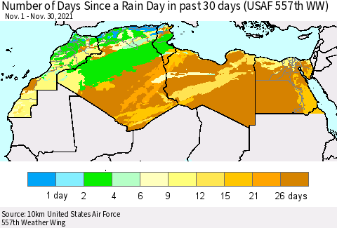 North Africa Number of Days Since a Rain Day in past 30 days (USAF 557th WW) Thematic Map For 11/26/2021 - 11/30/2021