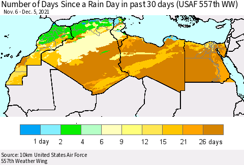 North Africa Number of Days Since a Rain Day in past 30 days (USAF 557th WW) Thematic Map For 12/1/2021 - 12/5/2021