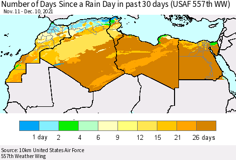 North Africa Number of Days Since a Rain Day in past 30 days (USAF 557th WW) Thematic Map For 12/6/2021 - 12/10/2021