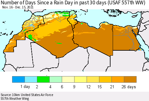 North Africa Number of Days Since a Rain Day in past 30 days (USAF 557th WW) Thematic Map For 12/11/2021 - 12/15/2021