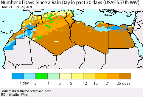 North Africa Number of Days Since a Rain Day in past 30 days (USAF 557th WW) Thematic Map For 12/16/2021 - 12/20/2021