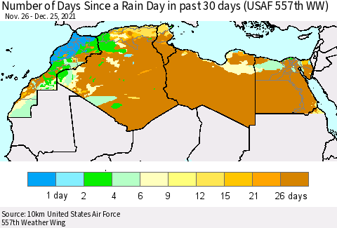 North Africa Number of Days Since a Rain Day in past 30 days (USAF 557th WW) Thematic Map For 12/21/2021 - 12/25/2021