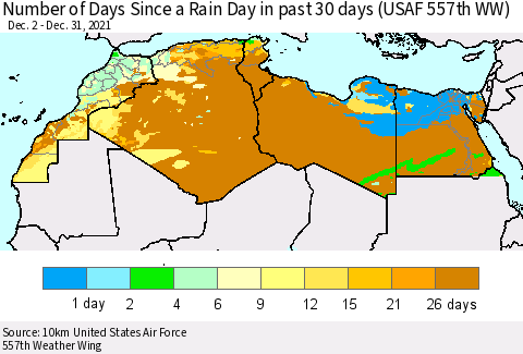 North Africa Number of Days Since a Rain Day in past 30 days (USAF 557th WW) Thematic Map For 12/26/2021 - 12/31/2021