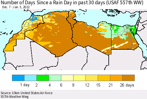 North Africa Number of Days Since a Rain Day in past 30 days (USAF 557th WW) Thematic Map For 1/1/2022 - 1/5/2022