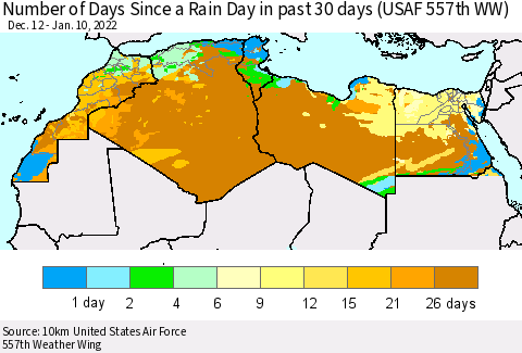 North Africa Number of Days Since a Rain Day in past 30 days (USAF 557th WW) Thematic Map For 1/6/2022 - 1/10/2022