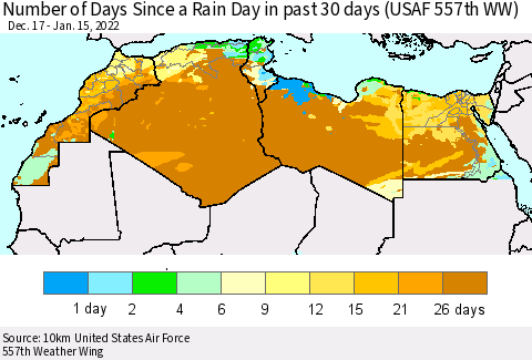 North Africa Number of Days Since a Rain Day in past 30 days (USAF 557th WW) Thematic Map For 1/11/2022 - 1/15/2022