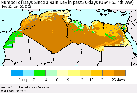 North Africa Number of Days Since a Rain Day in past 30 days (USAF 557th WW) Thematic Map For 1/16/2022 - 1/20/2022