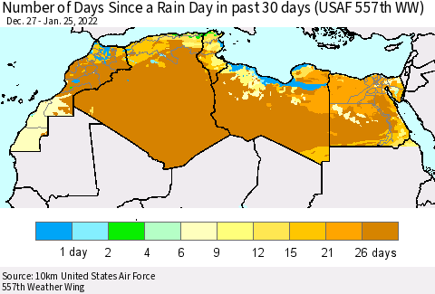 North Africa Number of Days Since a Rain Day in past 30 days (USAF 557th WW) Thematic Map For 1/21/2022 - 1/25/2022