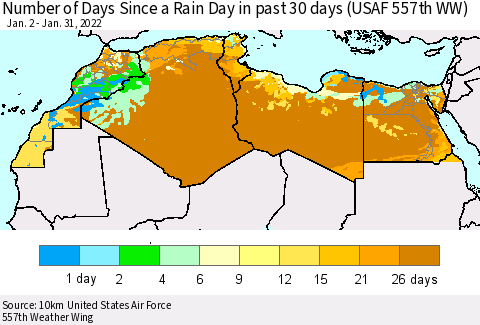 North Africa Number of Days Since a Rain Day in past 30 days (USAF 557th WW) Thematic Map For 1/26/2022 - 1/31/2022