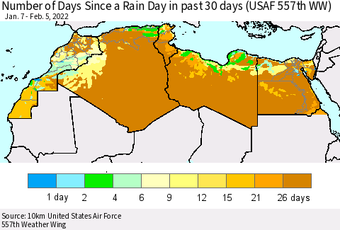 North Africa Number of Days Since a Rain Day in past 30 days (USAF 557th WW) Thematic Map For 2/1/2022 - 2/5/2022