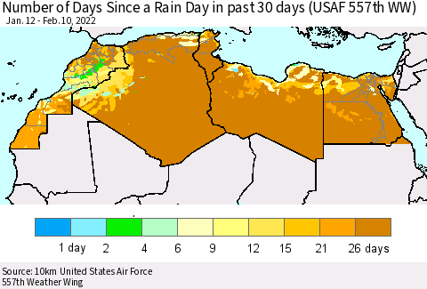 North Africa Number of Days Since a Rain Day in past 30 days (USAF 557th WW) Thematic Map For 2/6/2022 - 2/10/2022