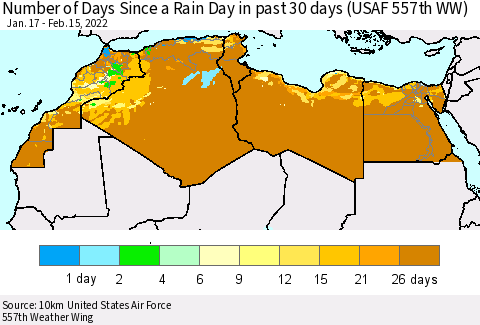 North Africa Number of Days Since a Rain Day in past 30 days (USAF 557th WW) Thematic Map For 2/11/2022 - 2/15/2022
