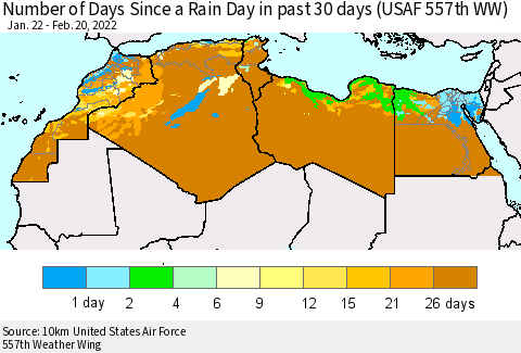North Africa Number of Days Since a Rain Day in past 30 days (USAF 557th WW) Thematic Map For 2/16/2022 - 2/20/2022