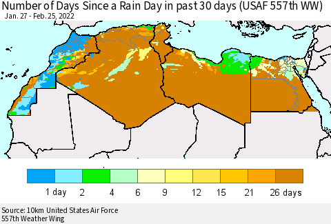 North Africa Number of Days Since a Rain Day in past 30 days (USAF 557th WW) Thematic Map For 2/21/2022 - 2/25/2022