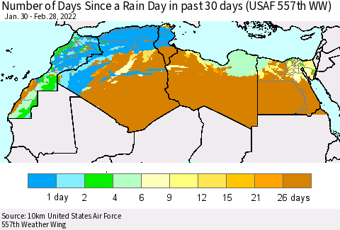 North Africa Number of Days Since a Rain Day in past 30 days (USAF 557th WW) Thematic Map For 2/26/2022 - 2/28/2022