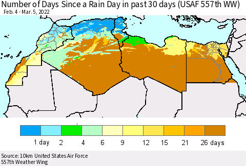 North Africa Number of Days Since a Rain Day in past 30 days (USAF 557th WW) Thematic Map For 3/1/2022 - 3/5/2022
