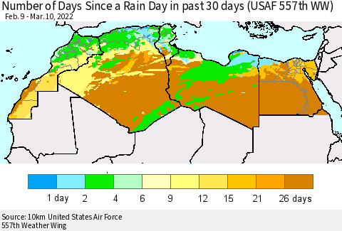 North Africa Number of Days Since a Rain Day in past 30 days (USAF 557th WW) Thematic Map For 3/6/2022 - 3/10/2022