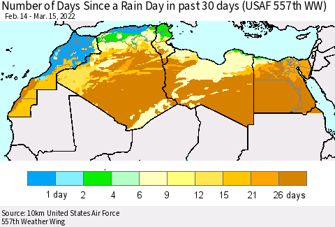 North Africa Number of Days Since a Rain Day in past 30 days (USAF 557th WW) Thematic Map For 3/11/2022 - 3/15/2022