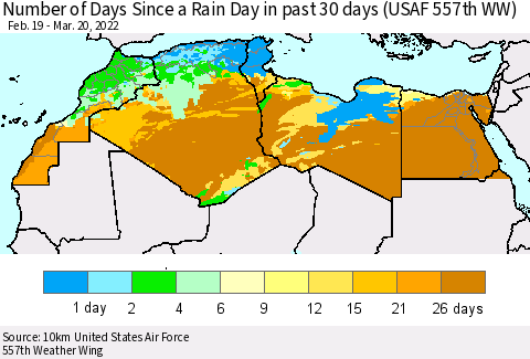 North Africa Number of Days Since a Rain Day in past 30 days (USAF 557th WW) Thematic Map For 3/16/2022 - 3/20/2022
