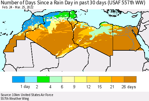 North Africa Number of Days Since a Rain Day in past 30 days (USAF 557th WW) Thematic Map For 3/21/2022 - 3/25/2022
