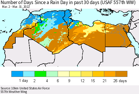 North Africa Number of Days Since a Rain Day in past 30 days (USAF 557th WW) Thematic Map For 3/26/2022 - 3/31/2022