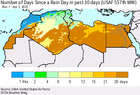 North Africa Number of Days Since a Rain Day in past 30 days (USAF 557th WW) Thematic Map For 4/1/2022 - 4/5/2022