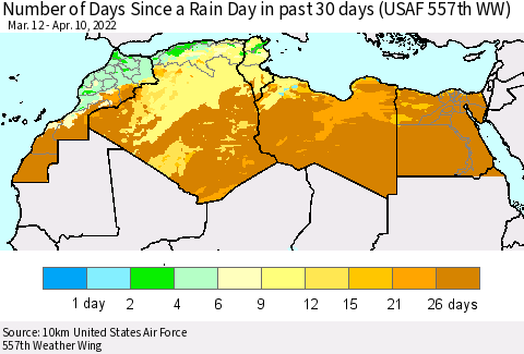 North Africa Number of Days Since a Rain Day in past 30 days (USAF 557th WW) Thematic Map For 4/6/2022 - 4/10/2022