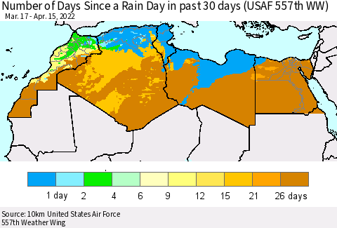 North Africa Number of Days Since a Rain Day in past 30 days (USAF 557th WW) Thematic Map For 4/11/2022 - 4/15/2022