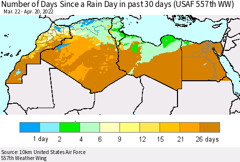 North Africa Number of Days Since a Rain Day in past 30 days (USAF 557th WW) Thematic Map For 4/16/2022 - 4/20/2022