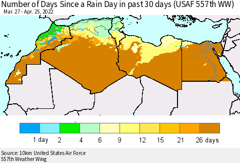 North Africa Number of Days Since a Rain Day in past 30 days (USAF 557th WW) Thematic Map For 4/21/2022 - 4/25/2022