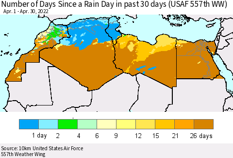 North Africa Number of Days Since a Rain Day in past 30 days (USAF 557th WW) Thematic Map For 4/26/2022 - 4/30/2022