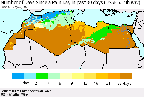 North Africa Number of Days Since a Rain Day in past 30 days (USAF 557th WW) Thematic Map For 5/1/2022 - 5/5/2022