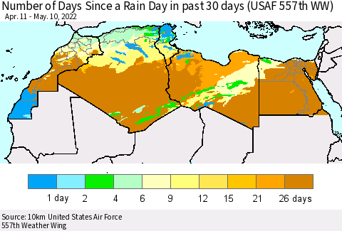 North Africa Number of Days Since a Rain Day in past 30 days (USAF 557th WW) Thematic Map For 5/6/2022 - 5/10/2022