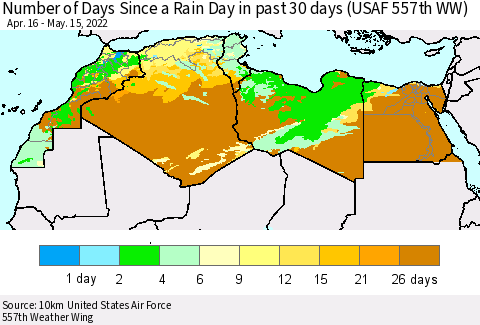 North Africa Number of Days Since a Rain Day in past 30 days (USAF 557th WW) Thematic Map For 5/11/2022 - 5/15/2022