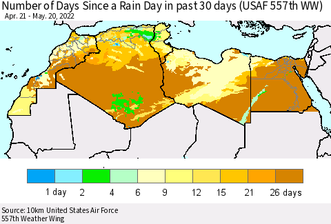 North Africa Number of Days Since a Rain Day in past 30 days (USAF 557th WW) Thematic Map For 5/16/2022 - 5/20/2022