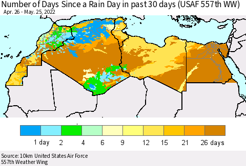North Africa Number of Days Since a Rain Day in past 30 days (USAF 557th WW) Thematic Map For 5/21/2022 - 5/25/2022
