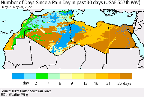 North Africa Number of Days Since a Rain Day in past 30 days (USAF 557th WW) Thematic Map For 5/26/2022 - 5/31/2022