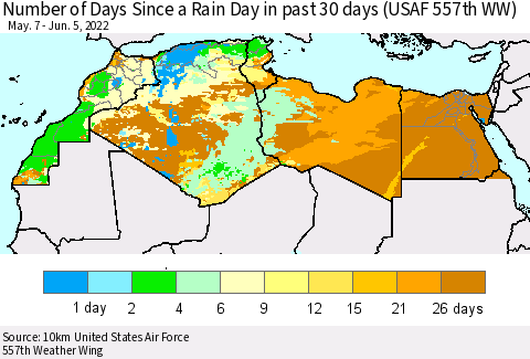 North Africa Number of Days Since a Rain Day in past 30 days (USAF 557th WW) Thematic Map For 6/1/2022 - 6/5/2022
