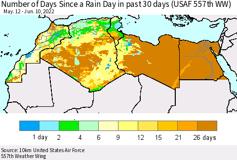 North Africa Number of Days Since a Rain Day in past 30 days (USAF 557th WW) Thematic Map For 6/6/2022 - 6/10/2022