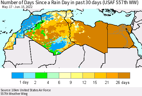North Africa Number of Days Since a Rain Day in past 30 days (USAF 557th WW) Thematic Map For 6/11/2022 - 6/15/2022