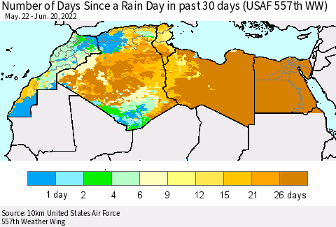 North Africa Number of Days Since a Rain Day in past 30 days (USAF 557th WW) Thematic Map For 6/16/2022 - 6/20/2022